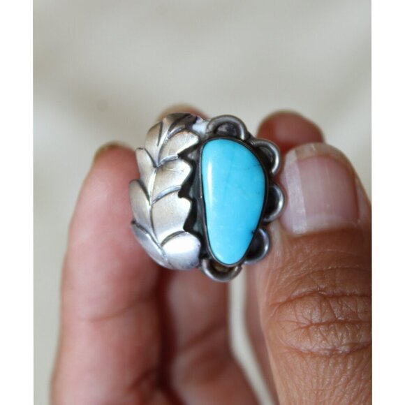 Sterling Silver Turquoise Navajo Ring Feather Native American 5.5 Signed 7.9g - Picture 9 of 11